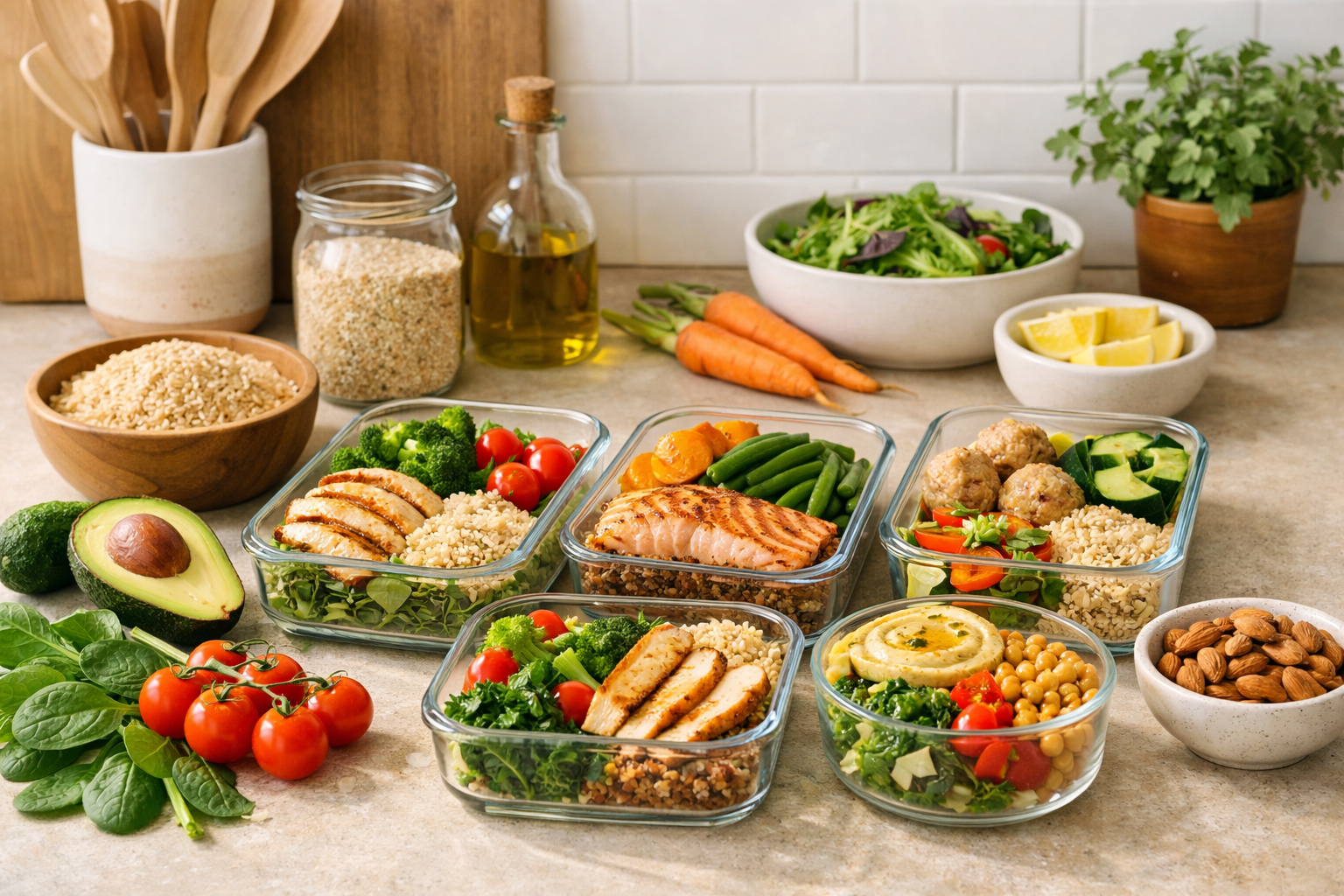 A peaceful kitchen scene with healthy meal prep containers, fresh vegetables, whole grains, and lean proteins organized on a clean counter, warm natural lighting, modern minimalist style