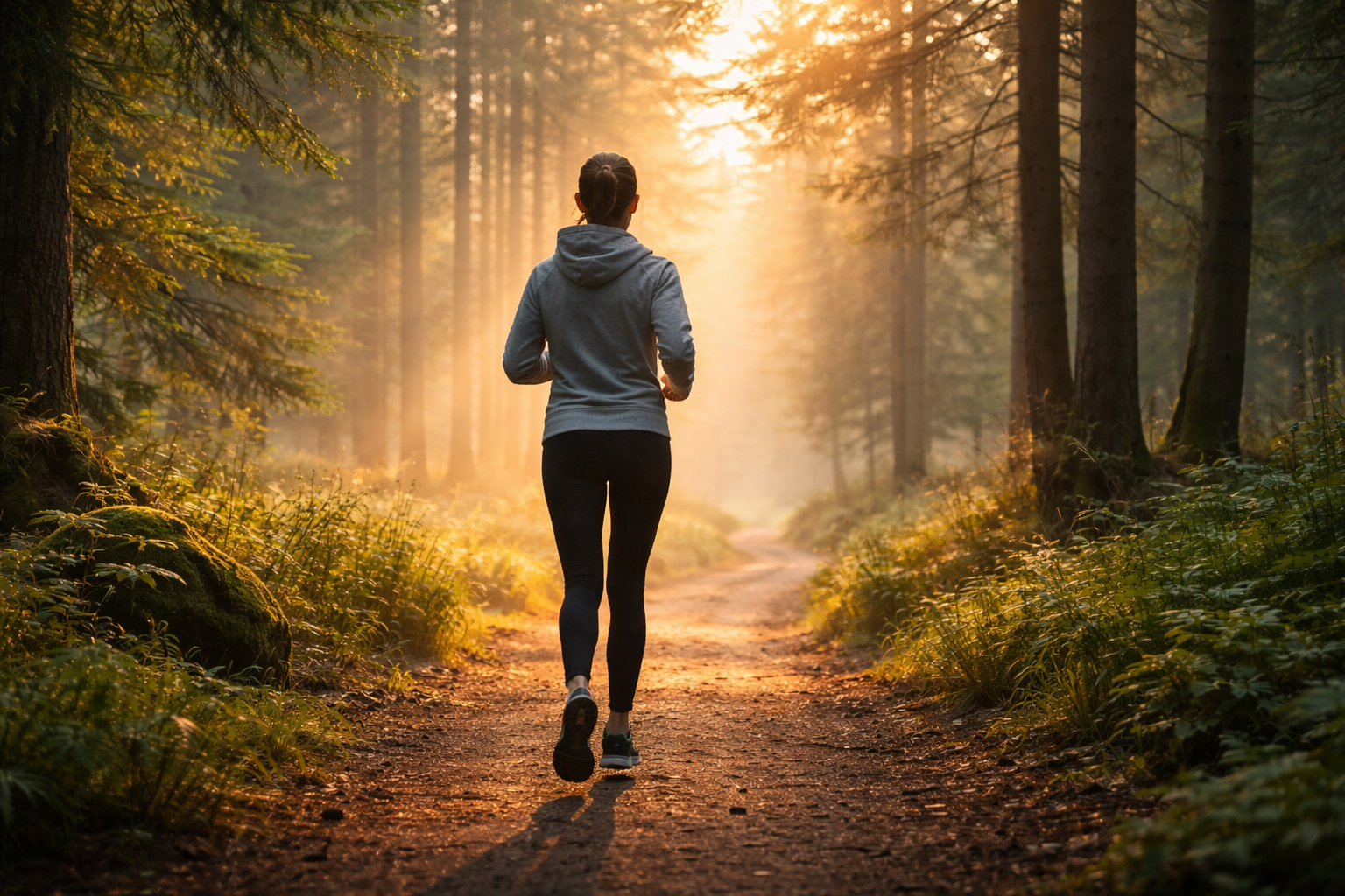 A serene outdoor scene of a person jogging on a forest trail at sunrise, surrounded by green trees and morning mist, wearing comfortable athletic wear, peaceful and motivational atmosphere